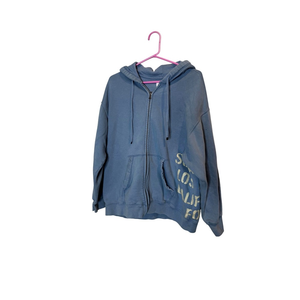 Social Tourist Hoodie Womens Small Blue Zip Up‎ Fleece Lined Graphic Sweatshirt